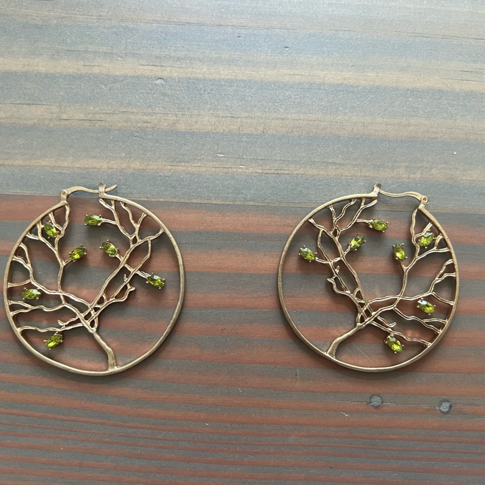Hoop Tree of Life Earrings with Green Accents